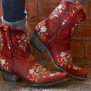 Red Embroidered Floral Cowgirl Boots Size 10
